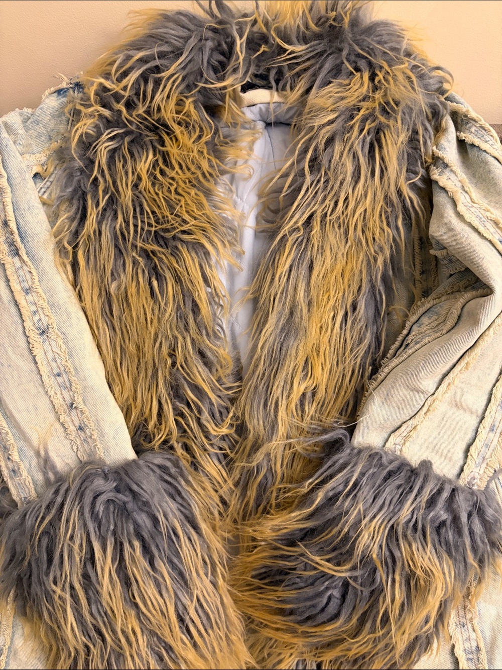 Faux Fur-Trimmed Women's Coat in Blue and Tan
